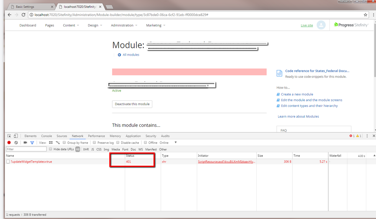 401 error thrown when saving changes of Dynamic module definition