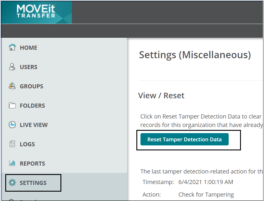 How to reset tamper detection in MOVEit Transfer (DMZ)? Progress