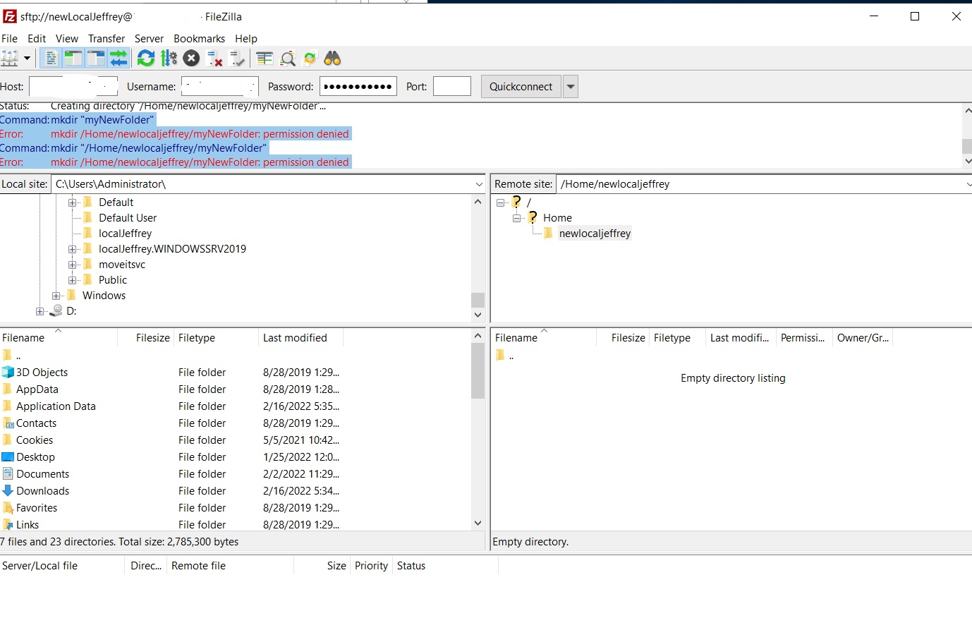 User not able to create subfolders, in their folder tree via Filezilla